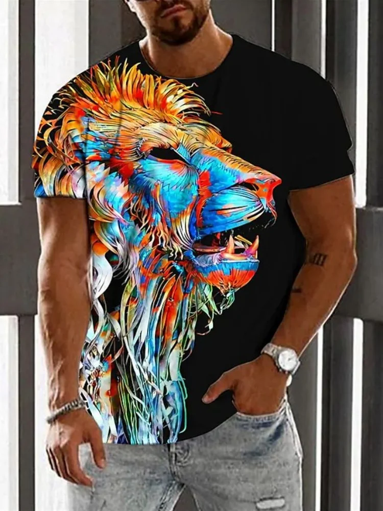 Vintage 3D Tiger Lion T Shirt Men Summer Fashion Short Sleeve Street Print Animal O-Neck T-Shirt Cool Tops Tees Men's Clothing