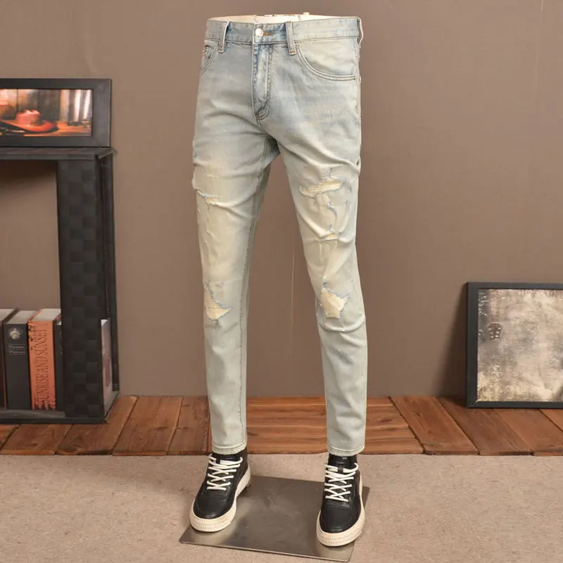 Streetwear Fashion Designer Men Jeans Retro Washed Light Blue Stretch Slim Fit Ripped Jeans Men Vintage Denim Pants Hombre