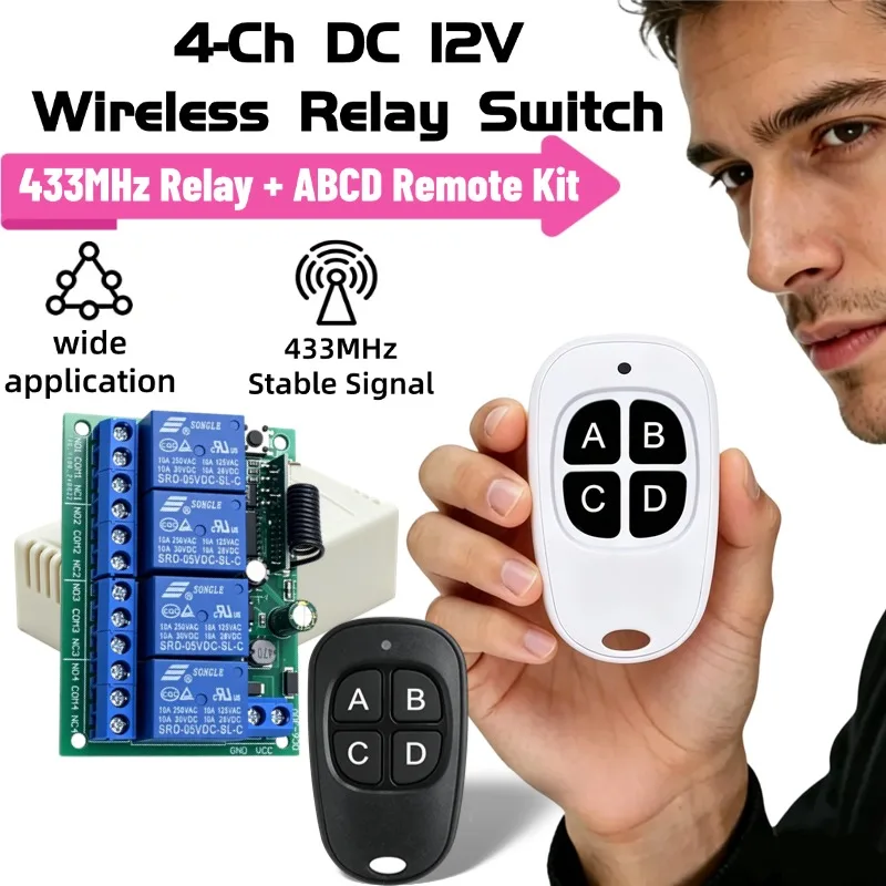 433MHz 4-Channel Relay Module Receiver Wireless Remote Control Switch with RF 433Mhz Transmitter Motor Controller for DC 9-30V