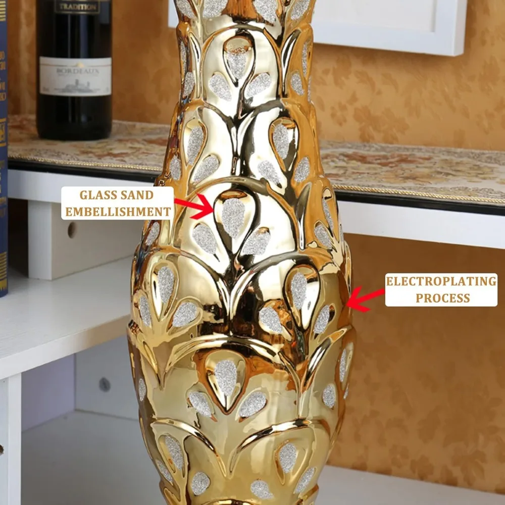 24 inch high gold home decoration ceramic floor vase, used for wedding and housewarming bride gift flower arrangement