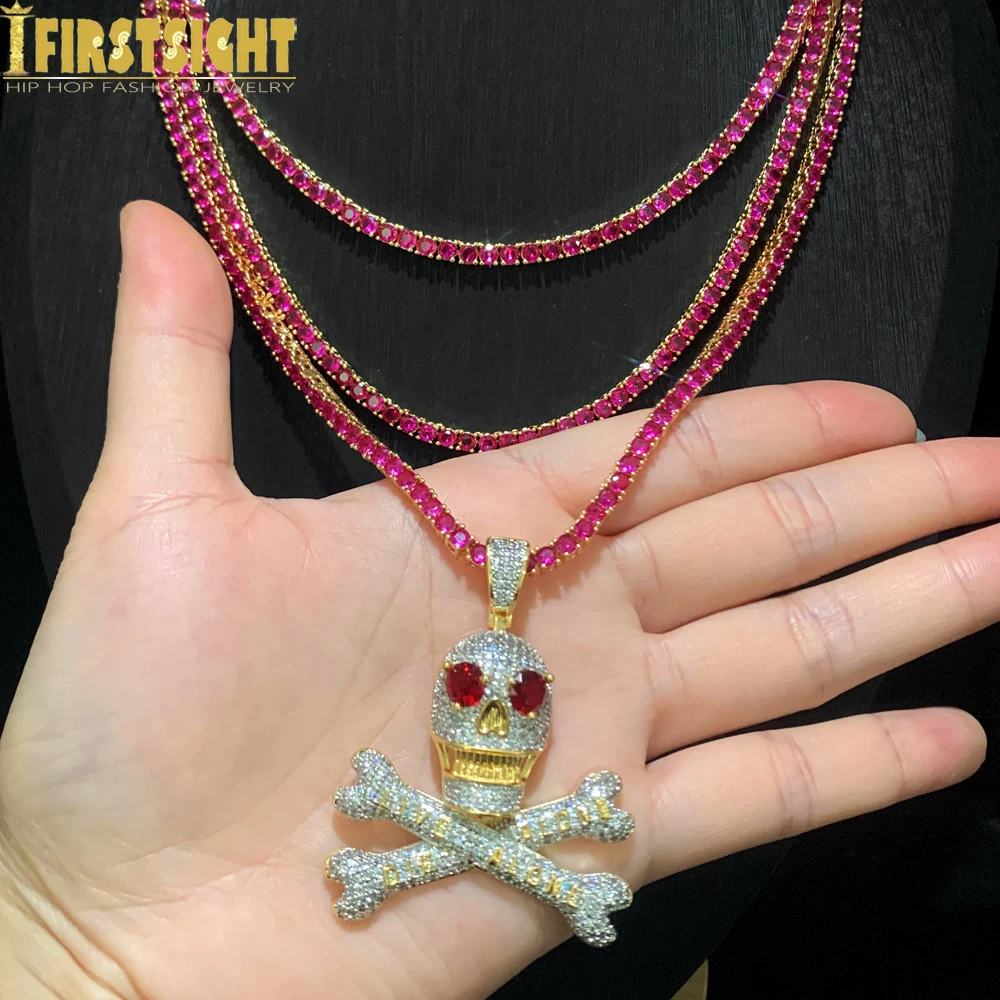 

2025 New Iced Out Pirate Skull Pendant Necklaces 3mm Tennis Chain Gold Color Red 5A Zircon Live Alone Charm Men Hip Hop Jewelry