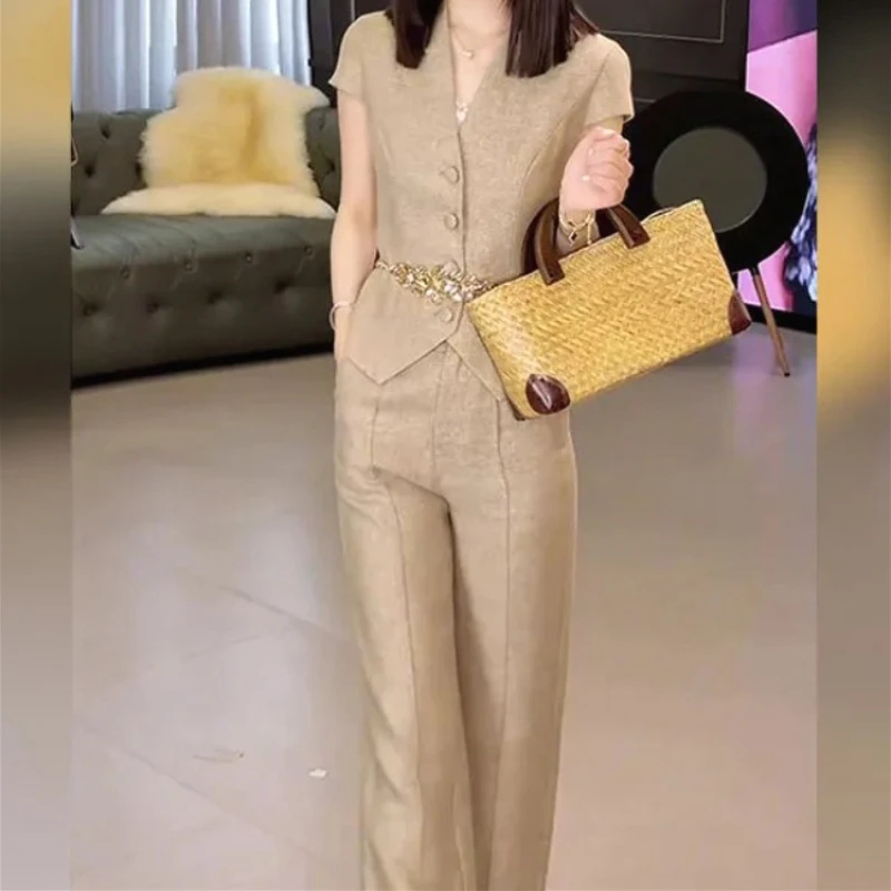 

Women Pant Set Two Piece Sets V Neck Slim Fit Blazer Tops Wide Leg Long Pants High Waist Y2k Streetwear Elegant Splice Work