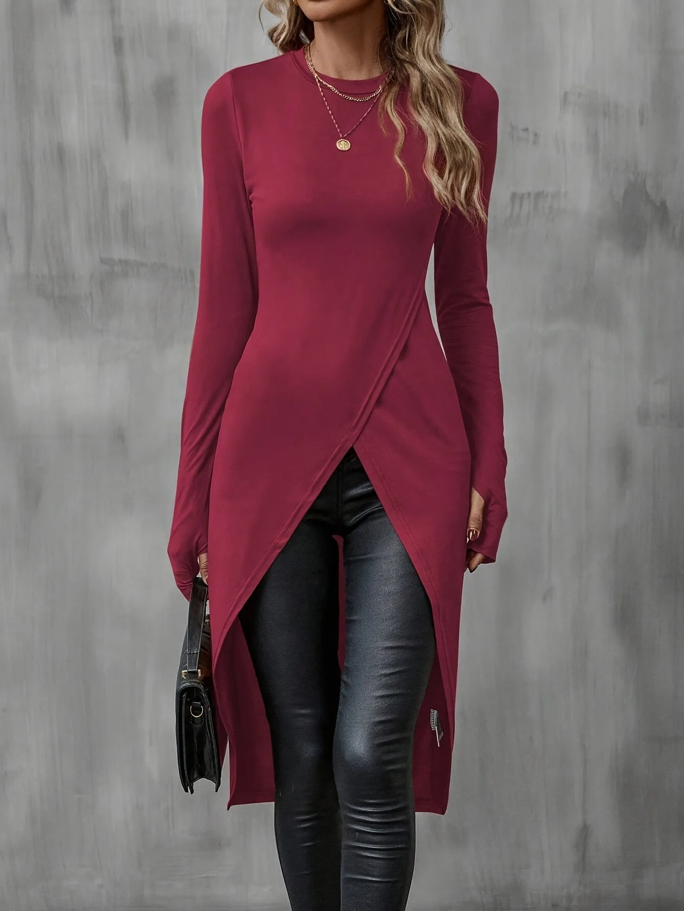 Mia Muse Women's T-Shirts Autumn French Decent Plain Long Sleeve Crew Neck Wrap Long High Street T-Shirts