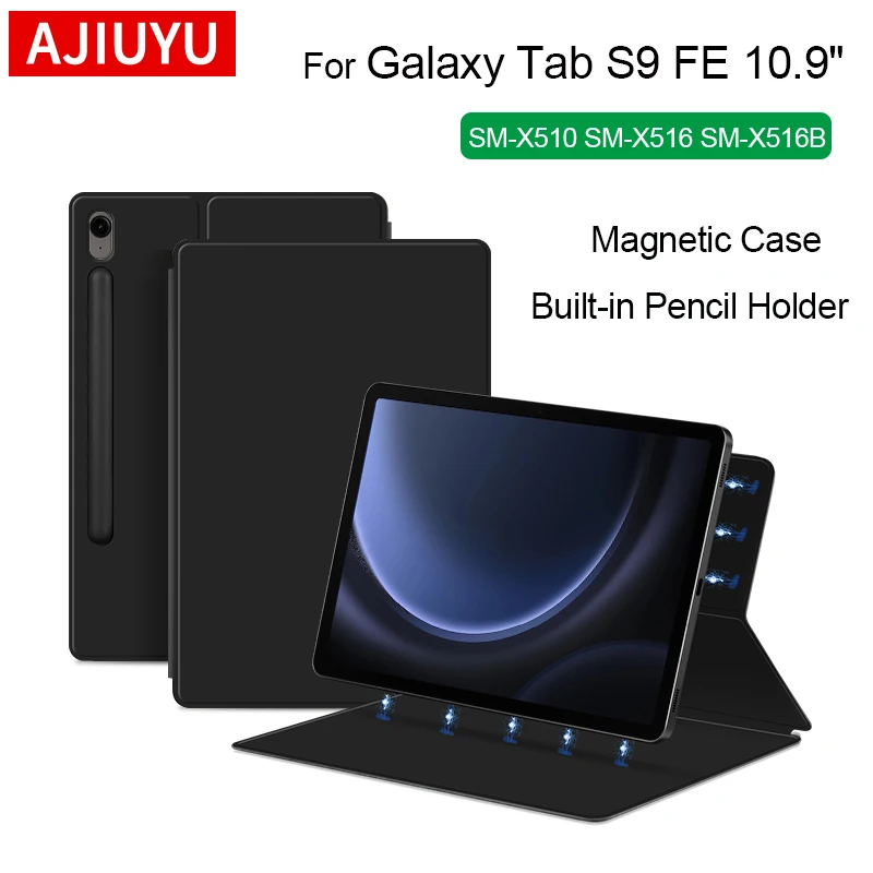

AJIUYU Magnetic Case For Samsung Galaxy Tab S9 FE 10.9" SM-X510 X516 S9Fe 2023 Tablet Smart Cover With Built-in Pencil Holder