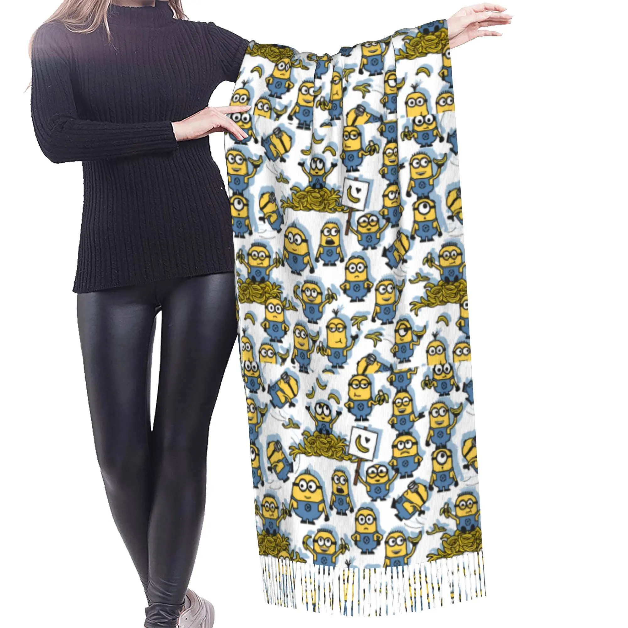 Custom M-Minioned Anime Tassel Scarf Women Soft Manga Cartoon Shawl Wrap Female Winter Fall Scarves
