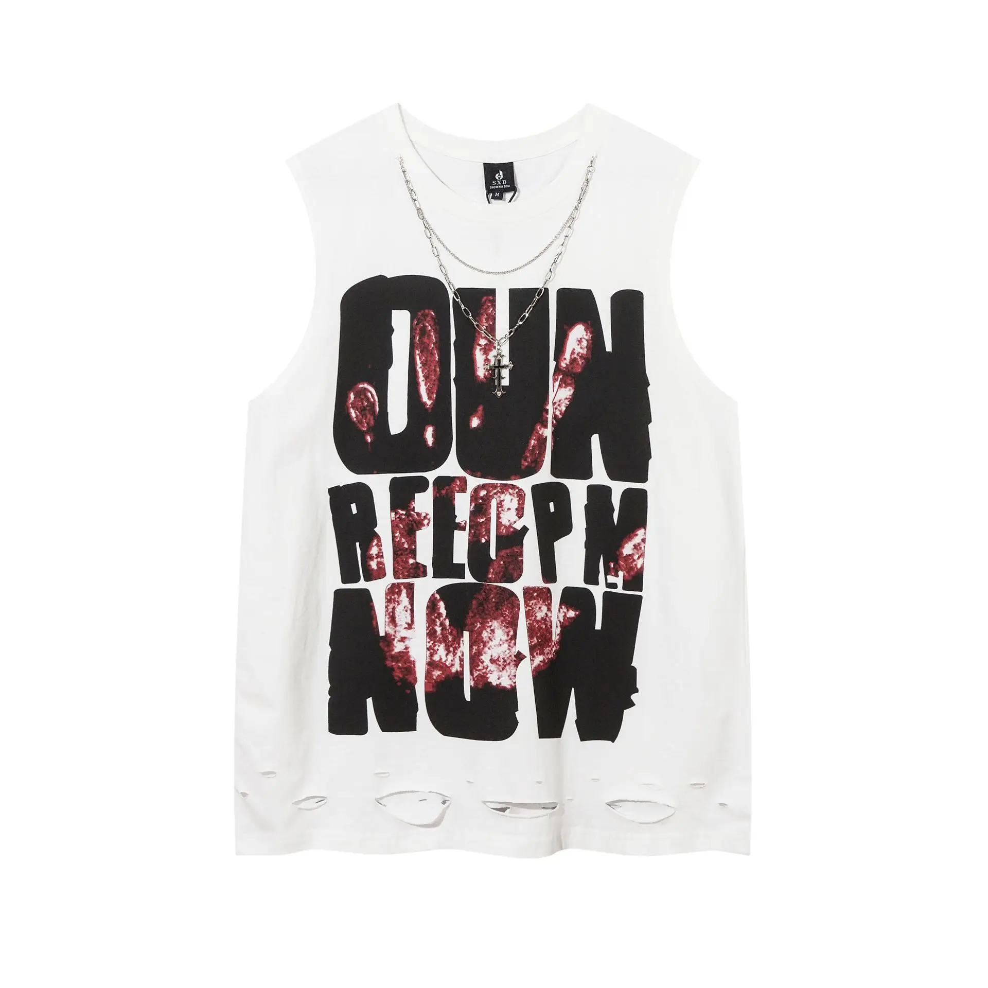 Summer Hip Hop Vests with Chain European and American Streetwear Vest Men\'s Washed Ripped Necklace Sleeveless Tshirts Tops