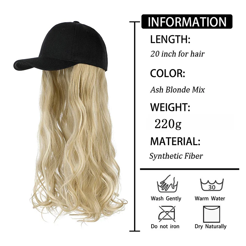 Synthetic Fluffy Wavy Wigs with Hat Baseball Cap Seamless Connection Hair Extensions for Women Adjustable Hat Wig