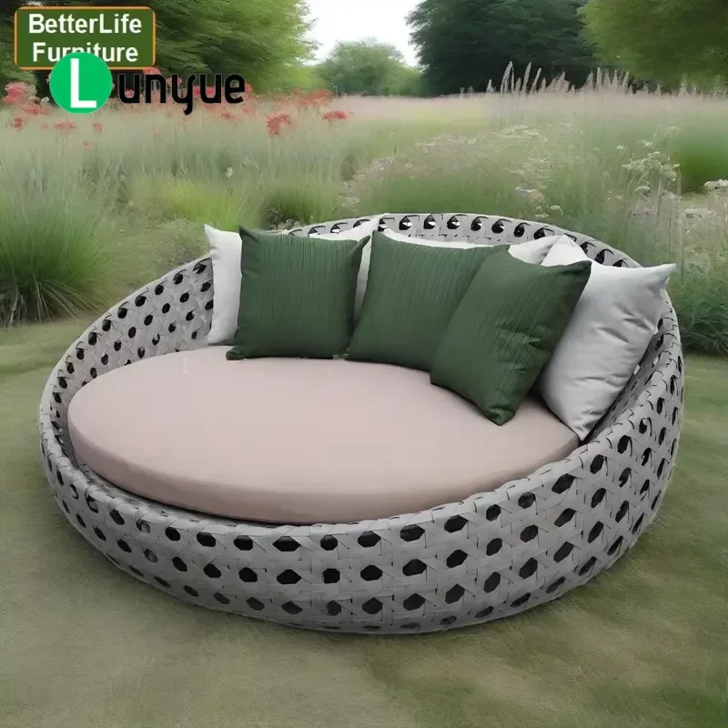 Luxury Rattan Round Bed Outdoor Patio Furniture Garden Pool Beach Lounger Sunbed Sofa with Cushion for Relaxing