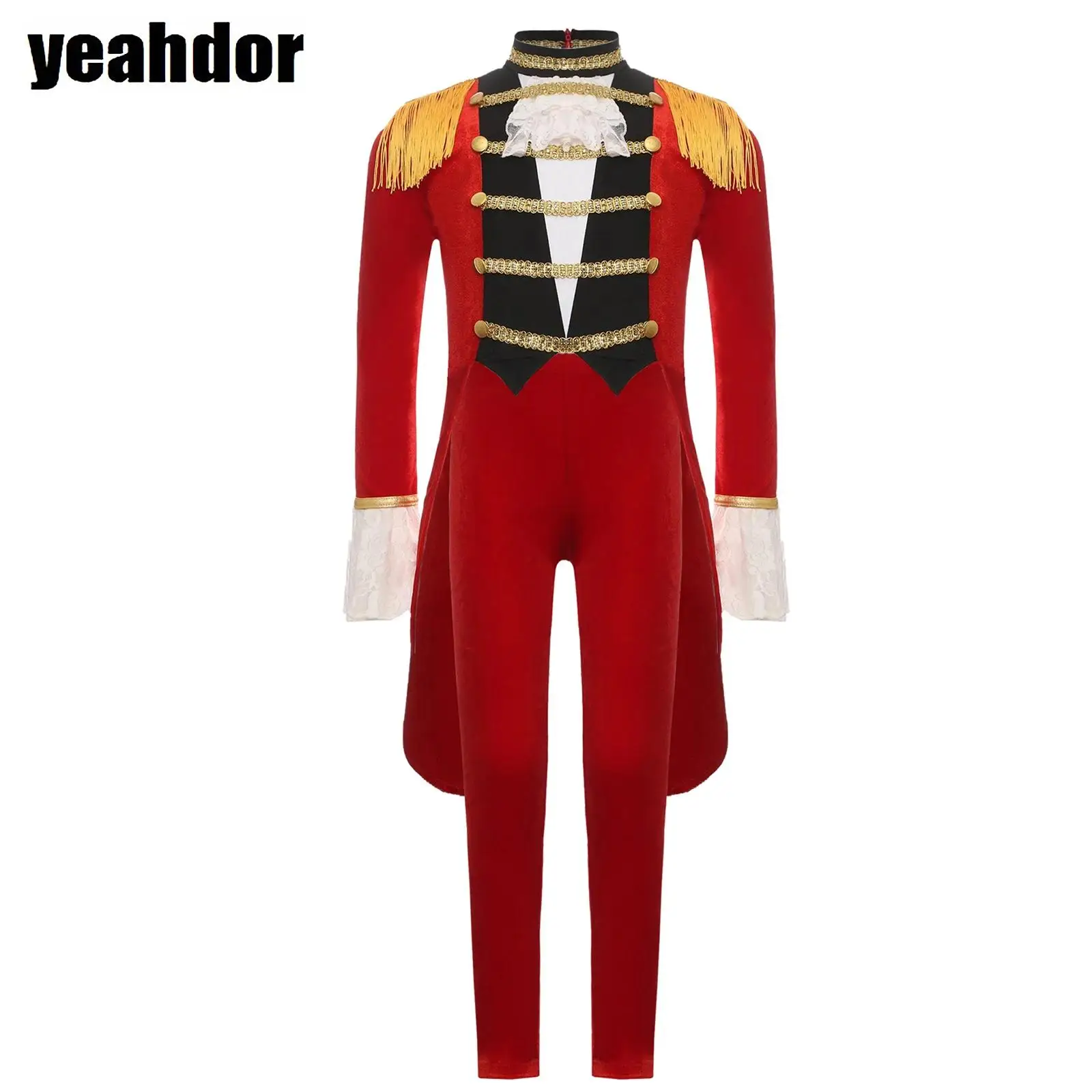 

Girls Circus Ringmaster Cosplay Costume Long Sleeve Fringe Velvet Tailcoat Jacket And Pants Set Halloween Lion Tamer Role Play