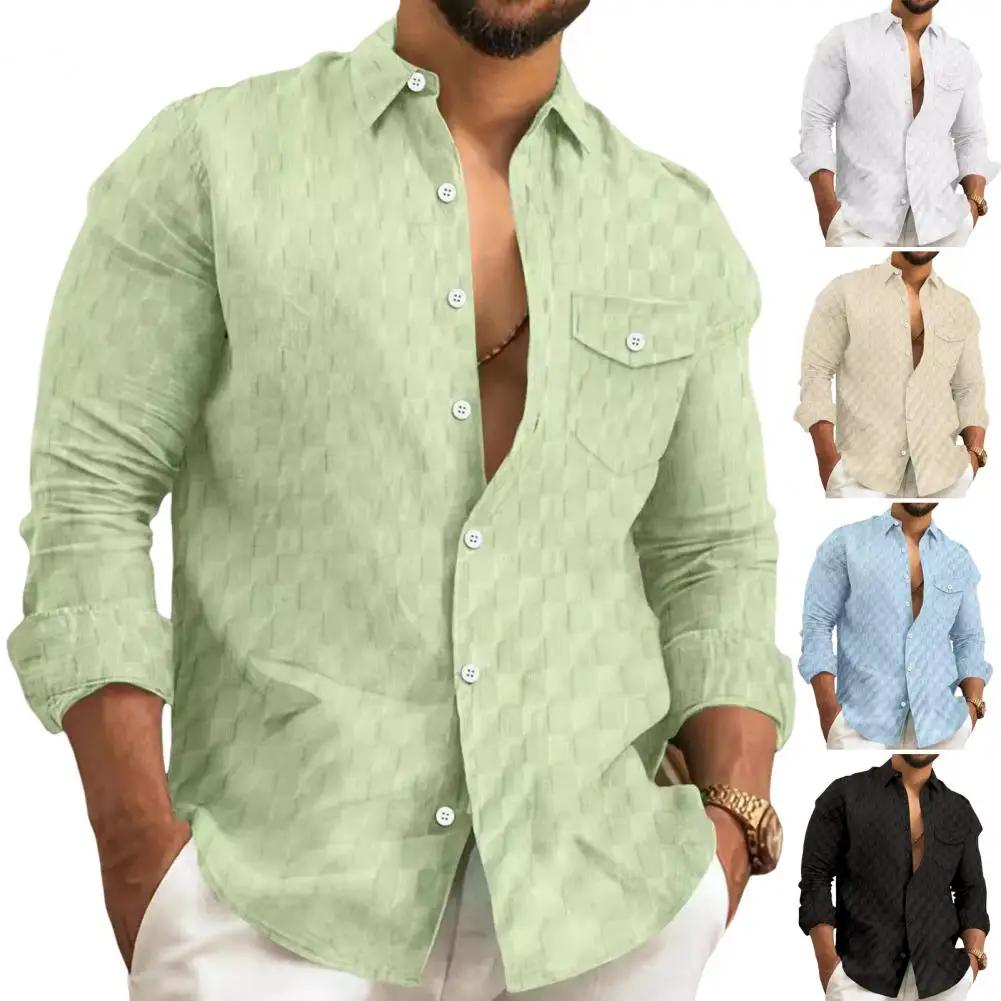 2025 قميص رسمي للرجال بسيط وأنيق قميص طويل الأكمام المألوف الرجال جيب فضفاض منقوشة الأعمال قاع #5