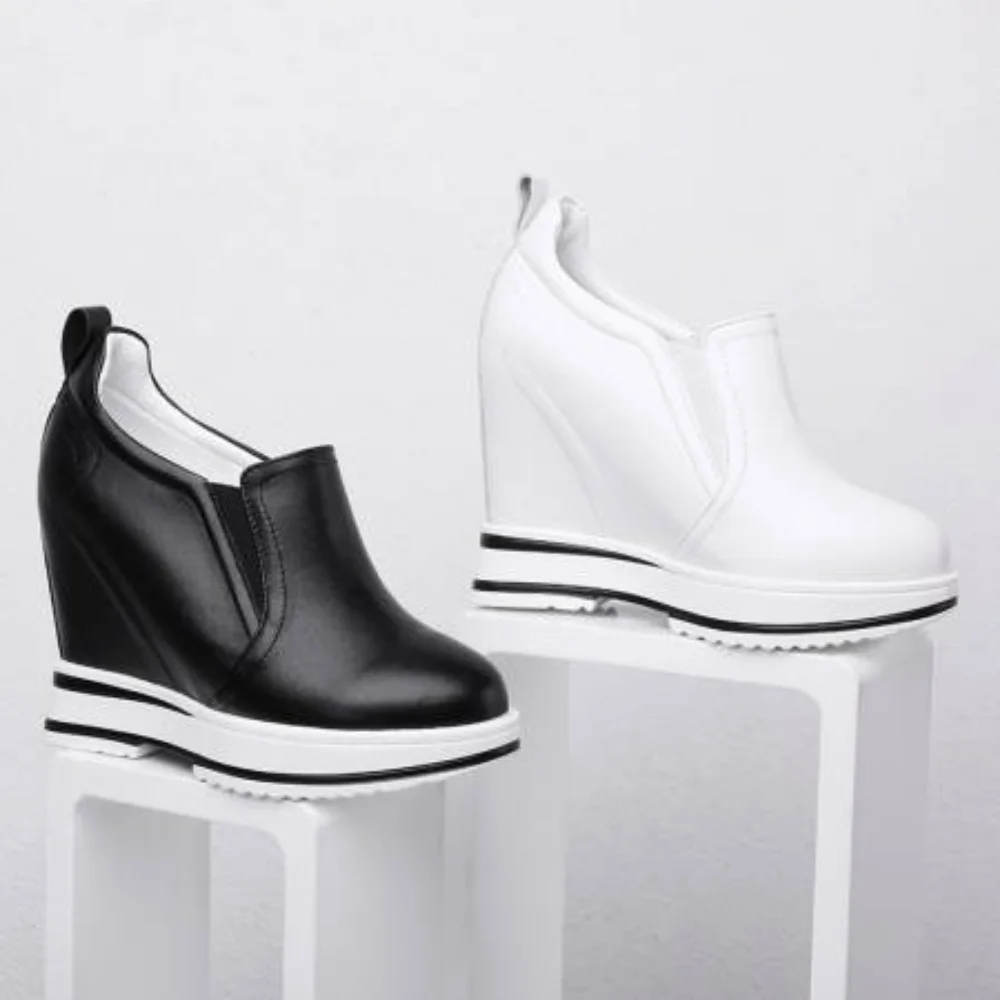 Ladies Sneakers Fashion Casual Women\'s Platform High Heels Wedge Heel Height Increasing Genuine Leather Ladies Vulcanized Shoes