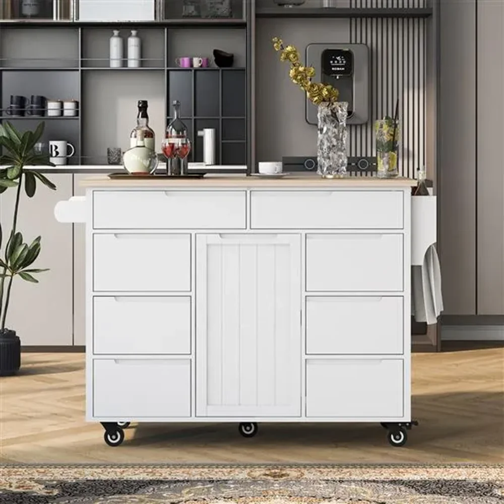 White Kitchen Cart Rubber Wood Countertop Island has 8 Handle-Free Drawers Including Flatware Organizer and 5 Wheels