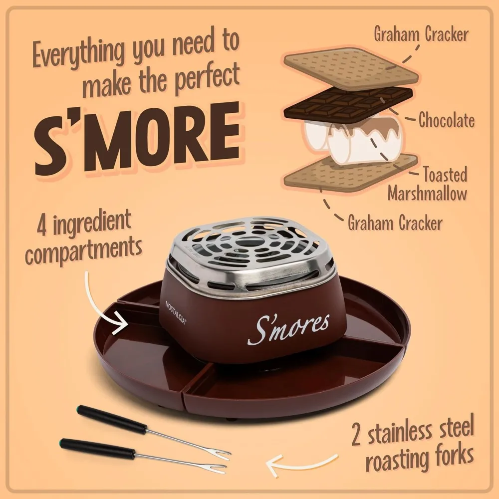 Nostalgic Tabletop Indoor Electric Maker with Marshmallow Roasting Sticks and 4 Trays Brown