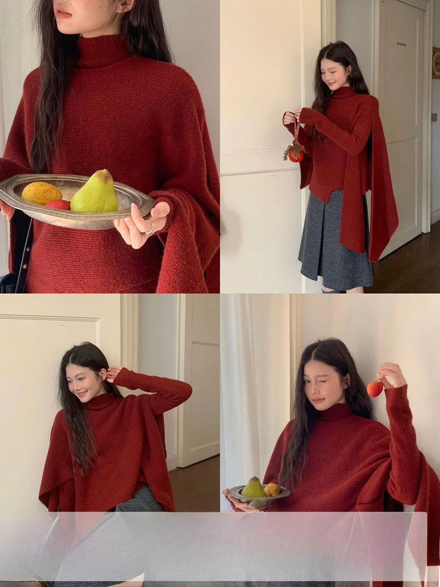 

Red f High Collar Sweater Two-Piece Set Base Layer Winter Coat Casual Loose Fit Soft Knitted Women's Faion Linyunyun