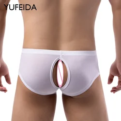 YUFEIDA Open Buttocks Underwear Sexy Mens Bulge Pouch Boxer Shorts Hollow Out Night Clubwear Trunks Male Underpants Calzoncillos