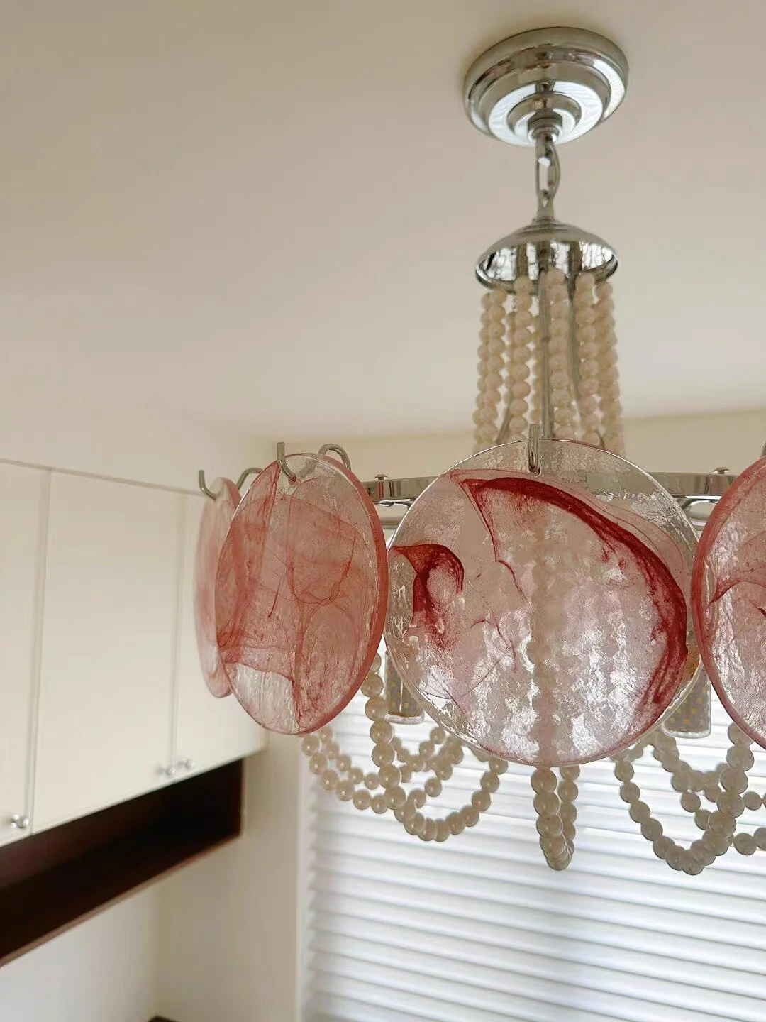 Murano Glass Chandelier With Pearl Strings For Living Dining Room Bedroom Round Colorful Glass Pendant Light Chrome Frame Lamp
