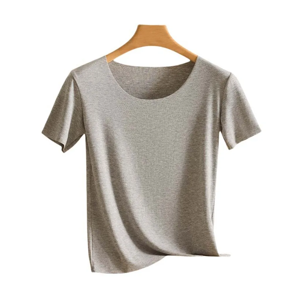 

Elegant U Round Neck Women Thin T-shirts Korean Style Solid Color Female Crop Tops Short Sleeved Undershirt Base Shirt Ladies
