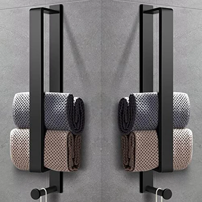 2Piece Towel Holder No Drilling Self-Adhesive Towel Rail Black Stainless Steel Bath Towel Holder Adhesive With Hooks