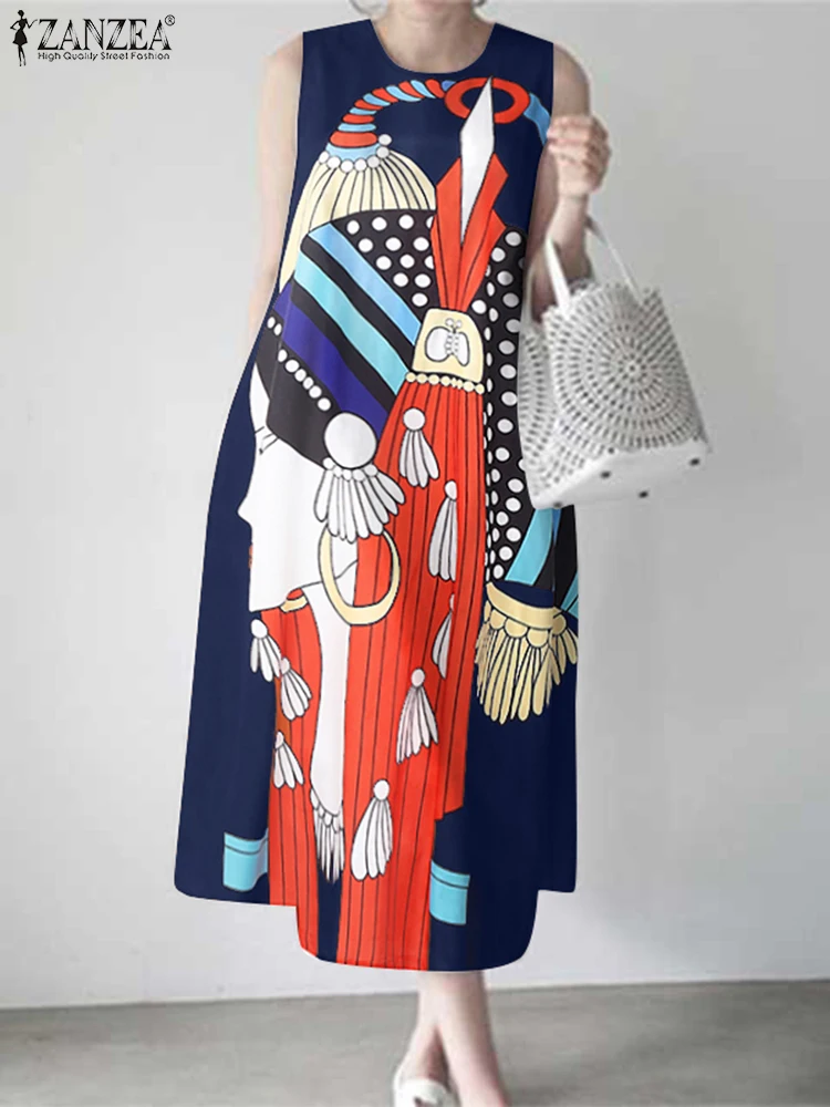 

ZANZEA Vintage Printing Tank Dresses Women 2025 Summer Round Neck Sleeveless Midi Robes Femme Loose Casual Vestidos Mujer