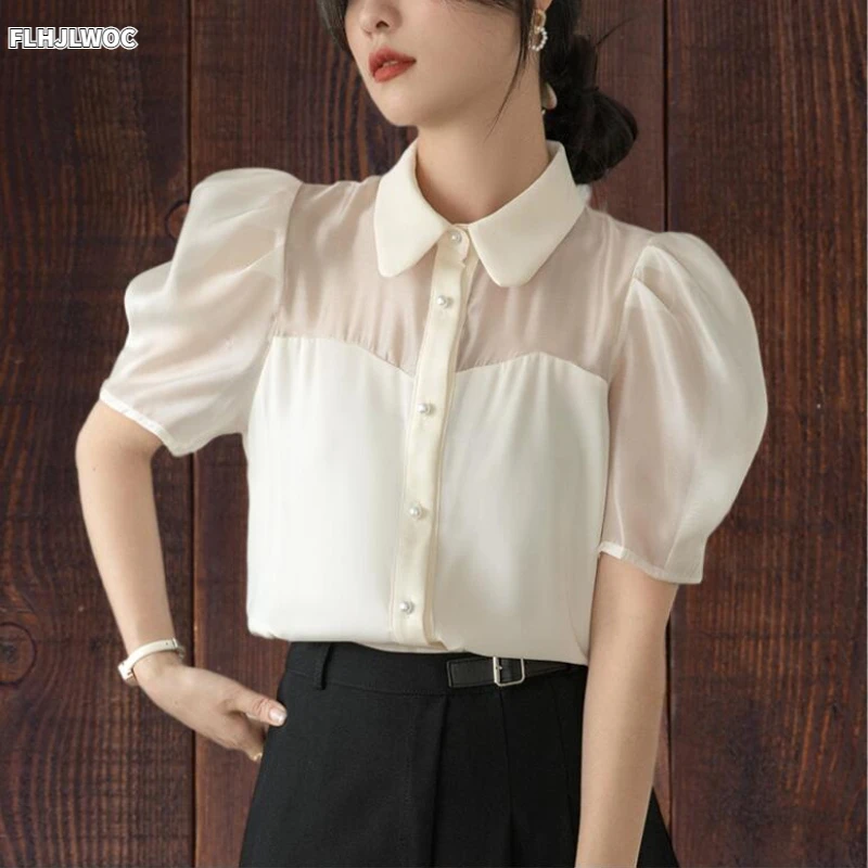 Korea Chic Puff Sleeve Sheer Mesh Tops Blusas Japan Style Elegant 2023 Summer Cute Girls Button Shirts Flhjlwoc Women Blouses