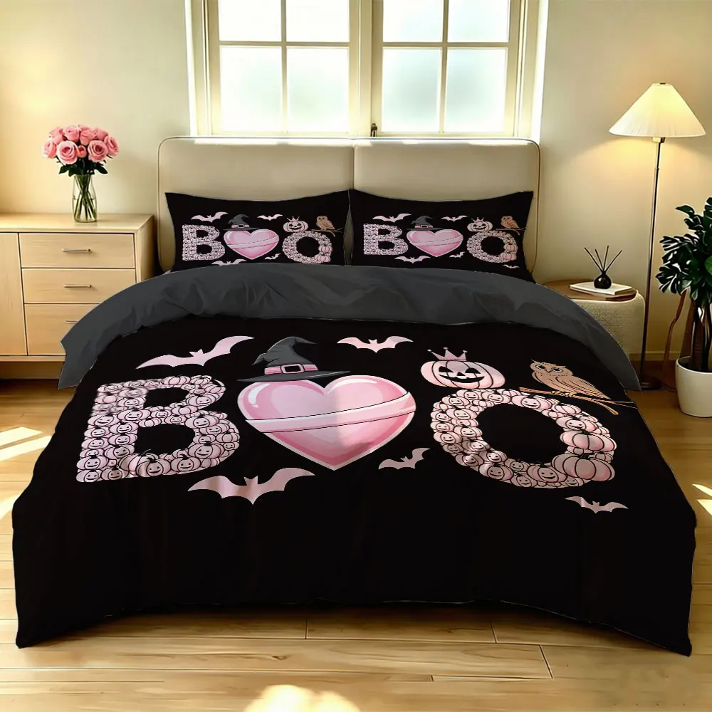 3pcs Halloween pink Halloween BOO-print bedding set, without a filling, made of soft fabric for bedding use