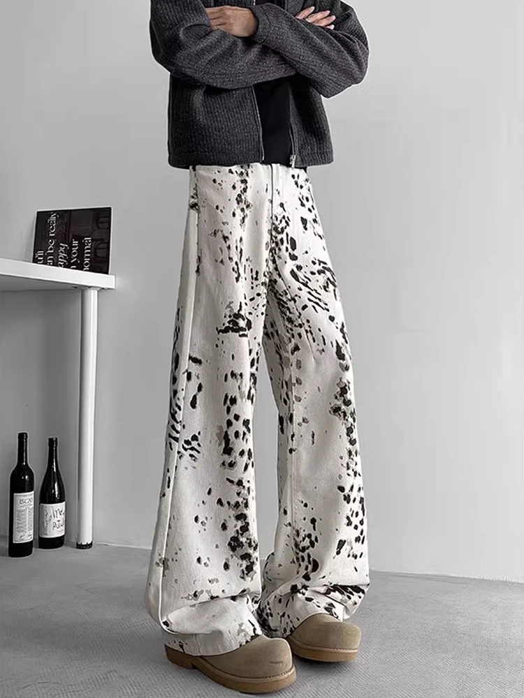 

Белые широкие джинсы с леопардовым принтом, мужские брюки осень-зима в американском стиле ретро CleanFit, прямые брюки с низкой талией на молнии, Clo...