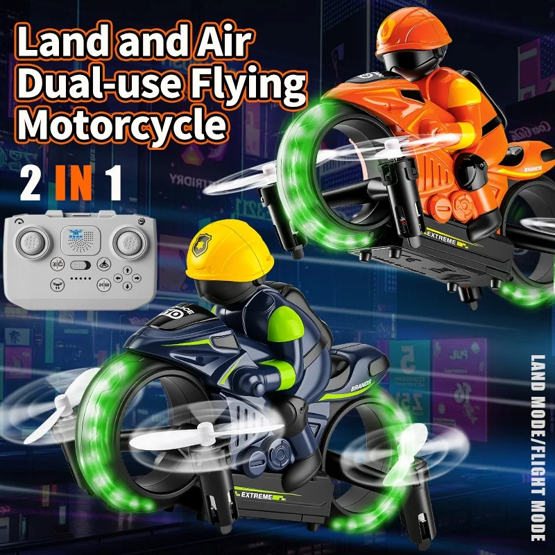 2-in-1 Land & Air Motorcycle Dual Mode RC Car  Voice Control RC Drift Stunt Car 360° Rotation LED Lights RC Drone Quadcopter Toy