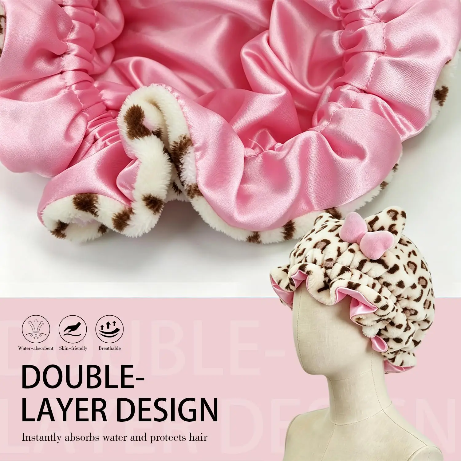Leopard Print Teddy Plush Hair Bonnet with Big Bow, Satin Lined Soft Fluffy Night Sleep Cap, Adjustable Bear Ear Hair Wrap - view 5