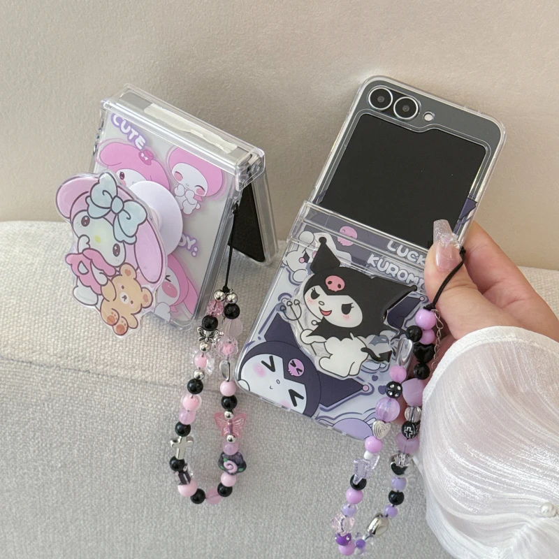 

Stand Holder Phone Case For Samsung Galaxy Z Flip 7 6 5 4 3 Cute Cartoon Sanrio Kuromi My Melody Cases TPU Cover With Lanyard