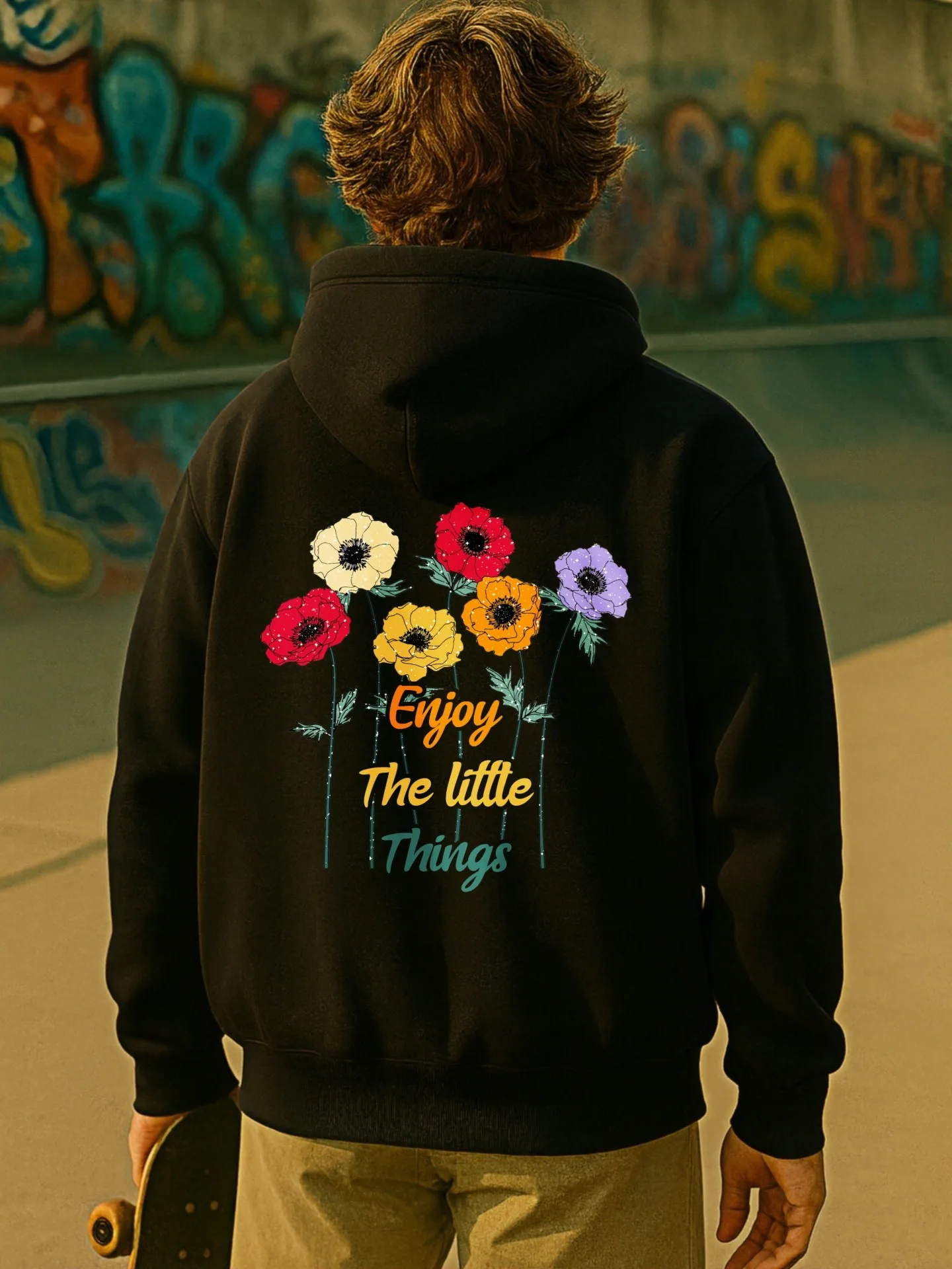 هوديي رجالي، طباعة زهور وأحرف، نمط كاجوال، قماش ناعم، للارتداء اليومي، للشباب