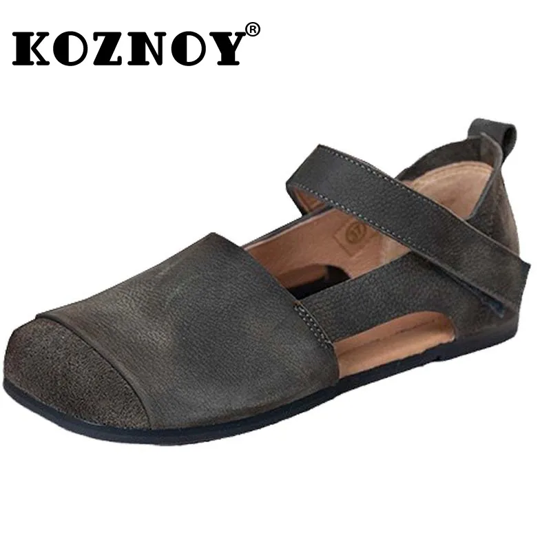 Koznoy 1.5cm Cow Suede Genuine Leather Moccasin Comfy Luxury Ethnic Woman Sandals Elegance Shallow Flats Summer Hollow Shoes