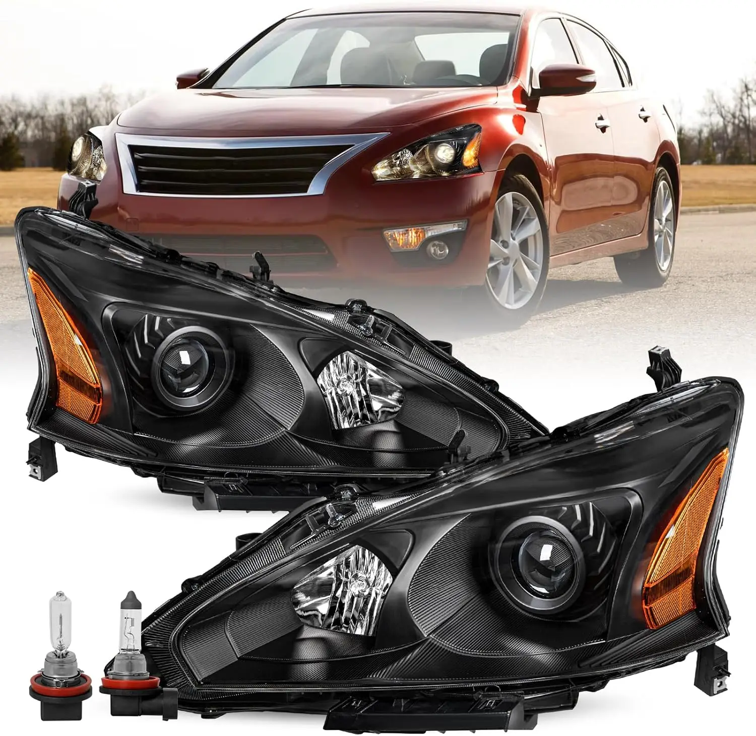 

Headlight Assembly Set for 2013 2014 2015 Nissan Altima 4-Door Sedan Halogen Headlamp Driver and Passenger Side Black Housing wi