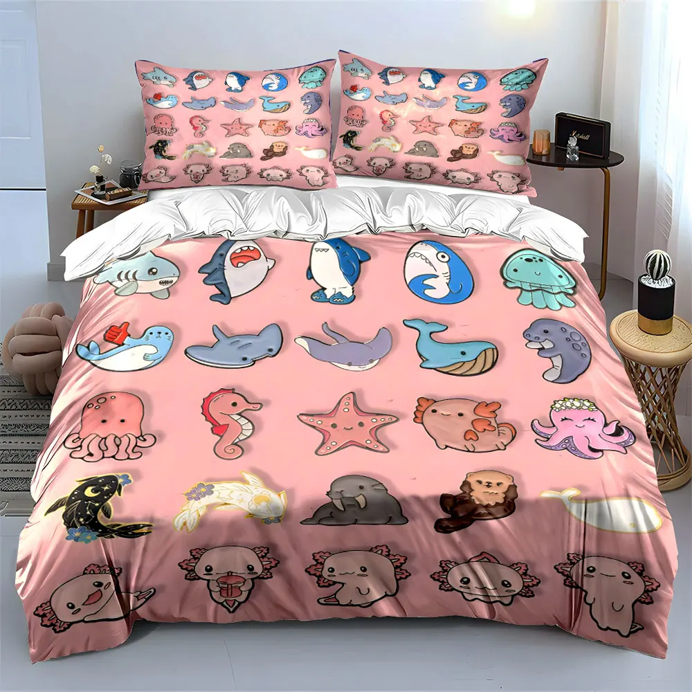 Cute marine animal illustrations Print Bedding Set 1 Duvet Cover 2 Pillowcases for Adult and Children Luxury Gift Full Size