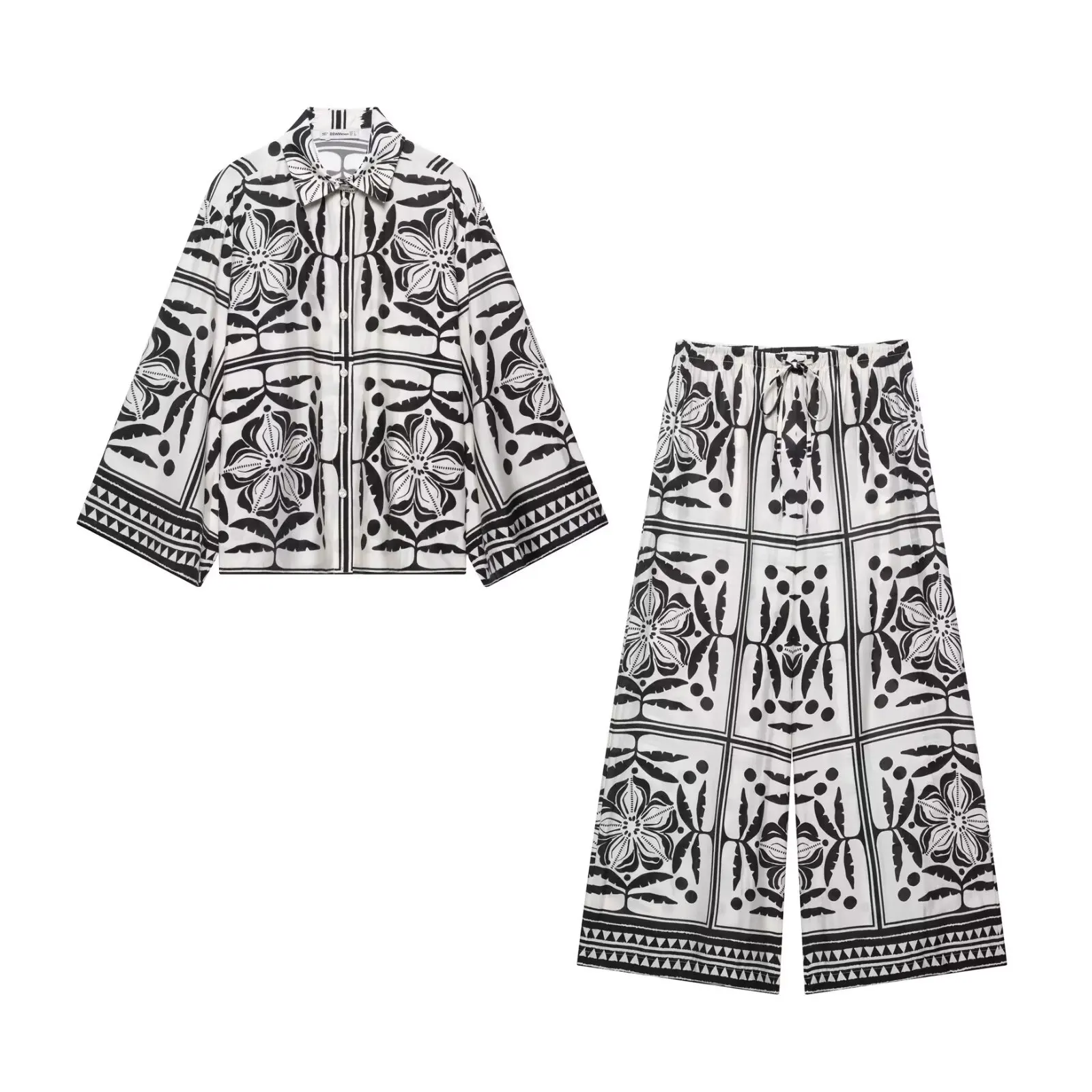 

Осенние шикарные повседневные женские блузки с принтом, комплекты брюк, свободный однобортный топ с широкими штанинами и шнурком, наряд