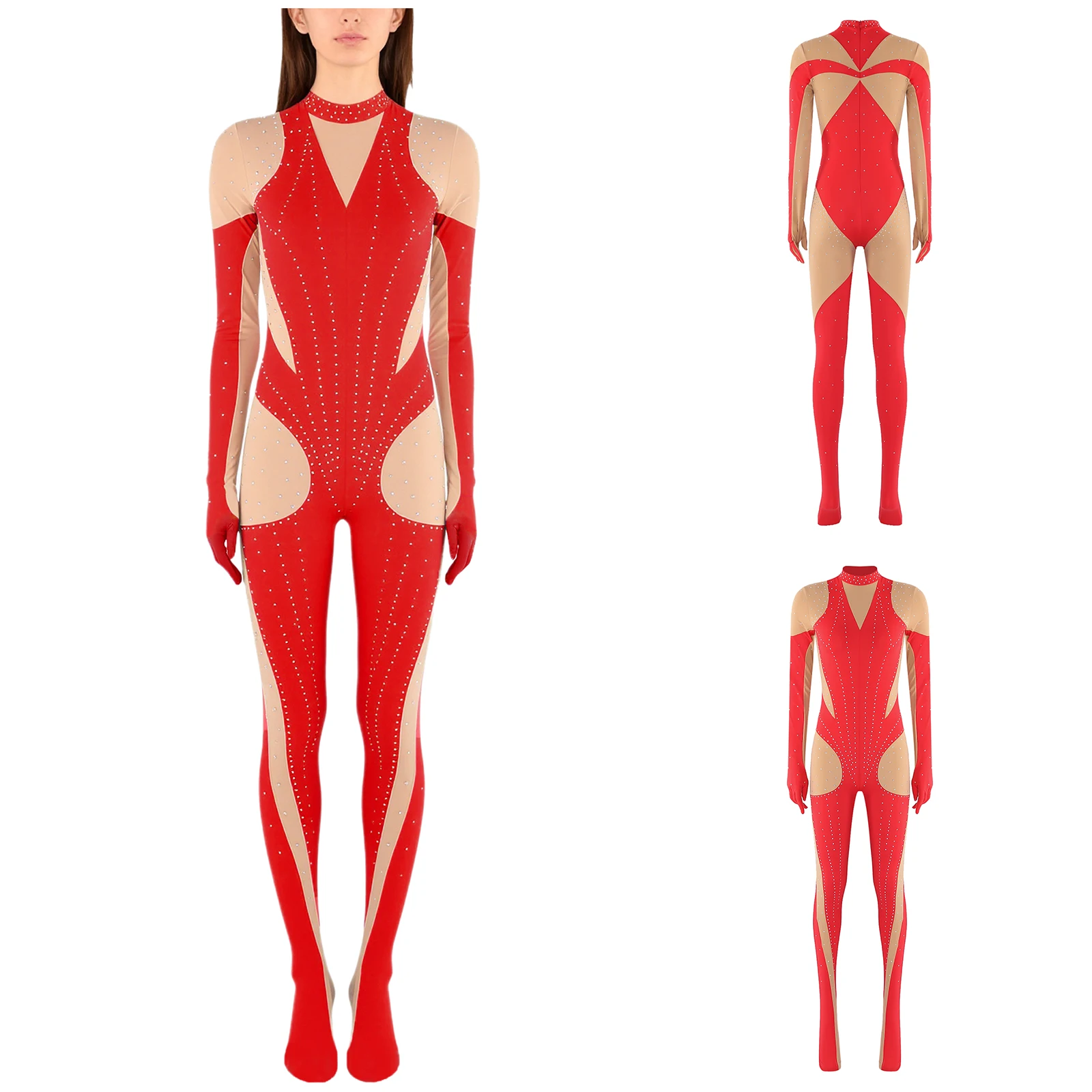 Women Gymnastics Shiny Rhinestone Full-body Unitard Gloved Sleeves Footed Bodysuit Jumpsuit for Yoga Ballet Dance Figure Skating