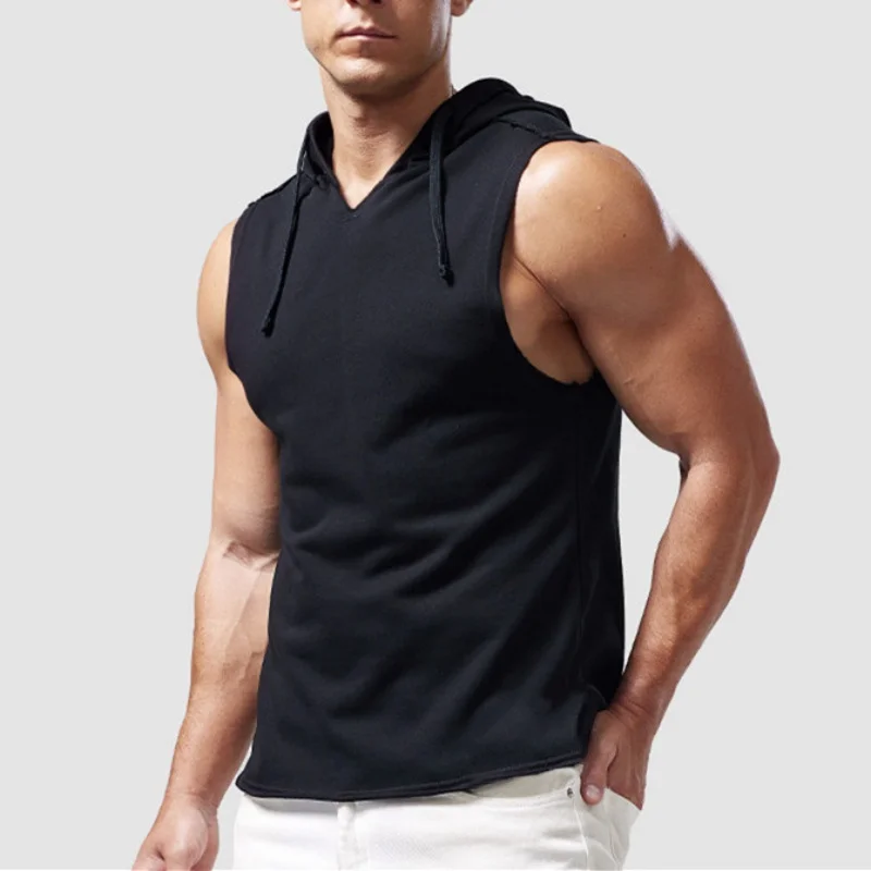 2025 Summer New Men's Fashion Sportswear Gym Fitness Jogging Hooded Sleeveless T-shirt Loose Large Comfortable Top