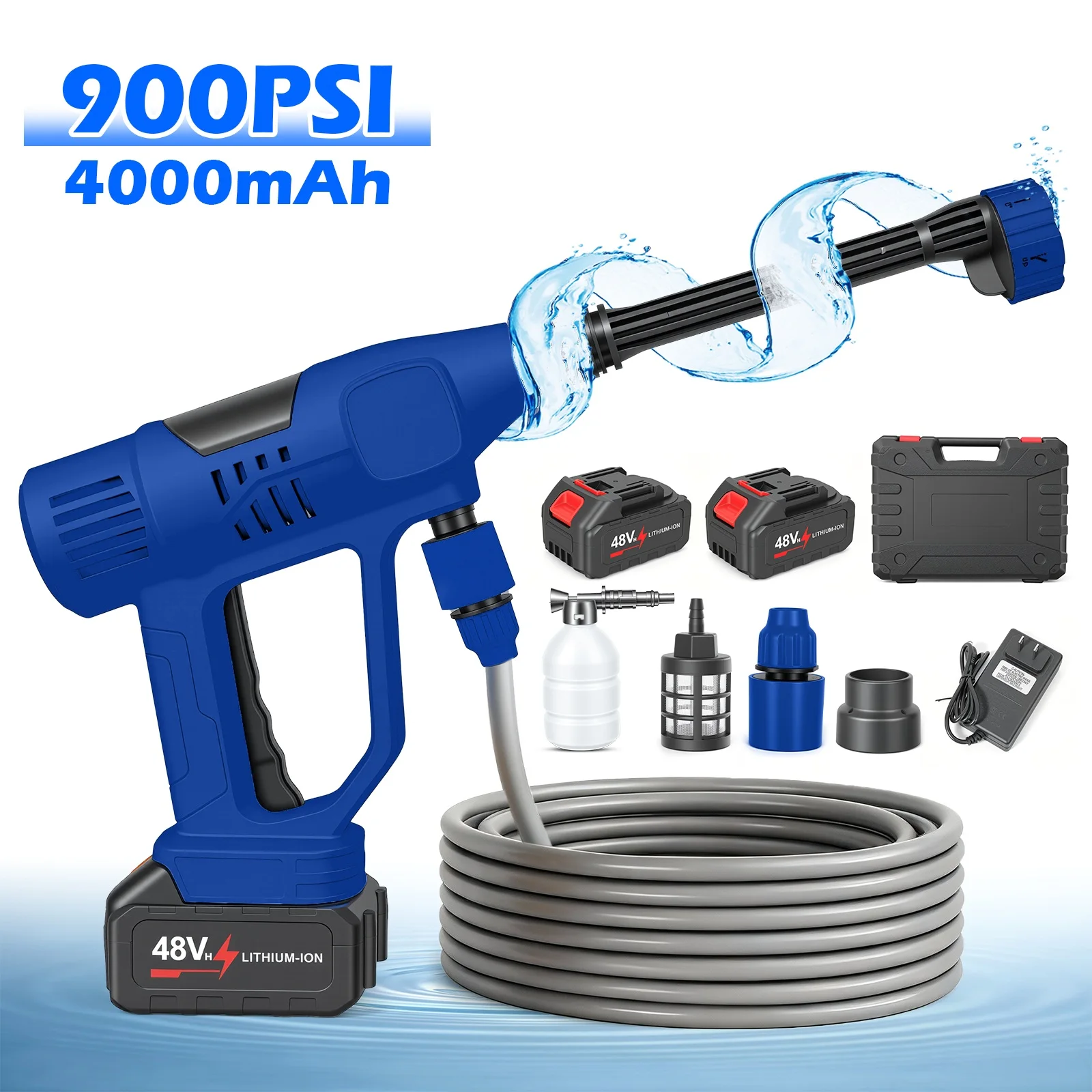 21V Portable Cordless Car Washer High Pressure Spray Water Gun 900PSI with 6-in-1 Nozzle 10-Speed Adjustment 2x 4.0Ah Batteries for Car Garden Floor Watering Plants