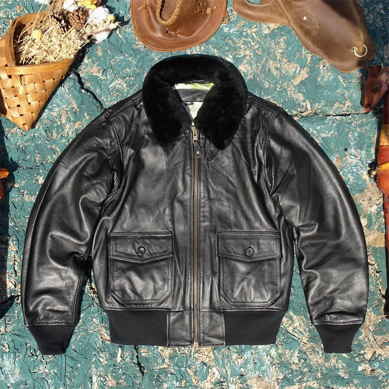

Curphey Men's ort Thiened Leather Jaet Winter Coat Wool Collar Busin Casual Sle Top Layer Cowhide Leather