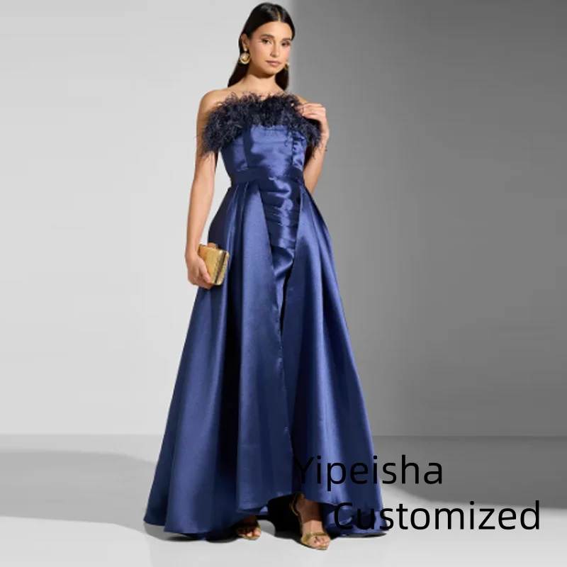 

Customized Saudi Arabia A-line Satin Evening Dresses Feather Prom Dress Formal Women Party Gowns