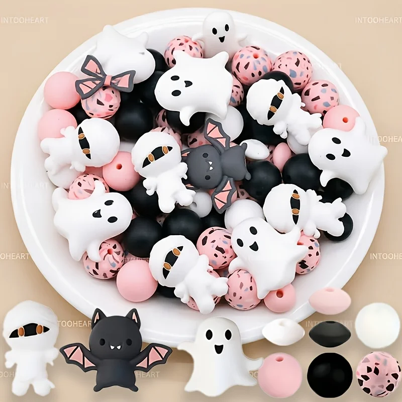 25/35/47Pcs Halloween-Themed Silicone Bead Set DIY Beaded Necklace Bracelet Decoration Pen Jewelry Pendant Etc. Holiday Birthday Gift