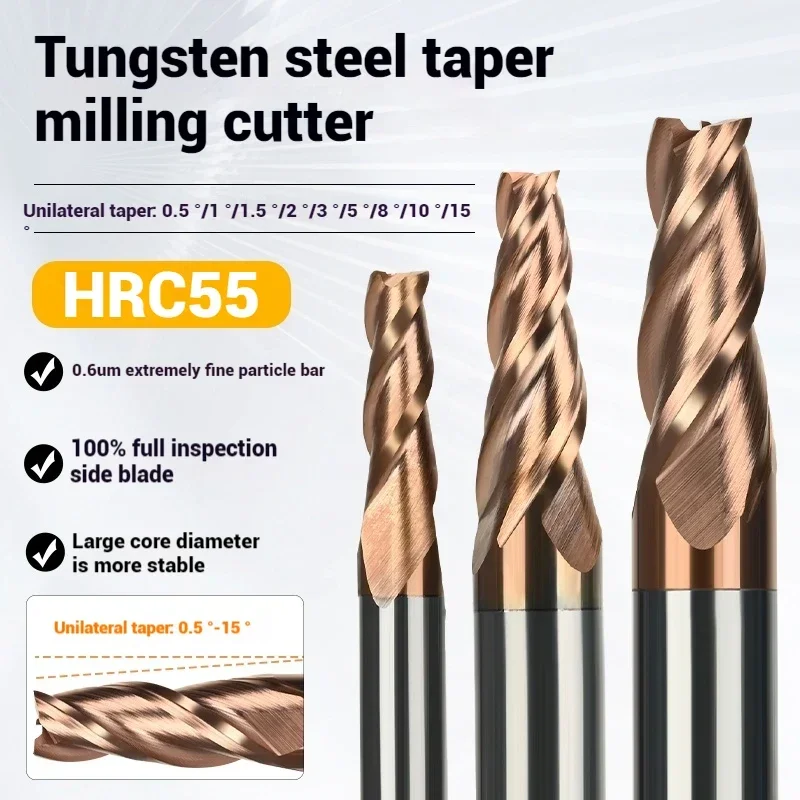 Carbide Taper End Mill Angular CNC Machning Cutter Metal Router Bit 0.5 1 1.5 2 3 8 10 15 Degree 1-6 8 12 16 Shank HRC55