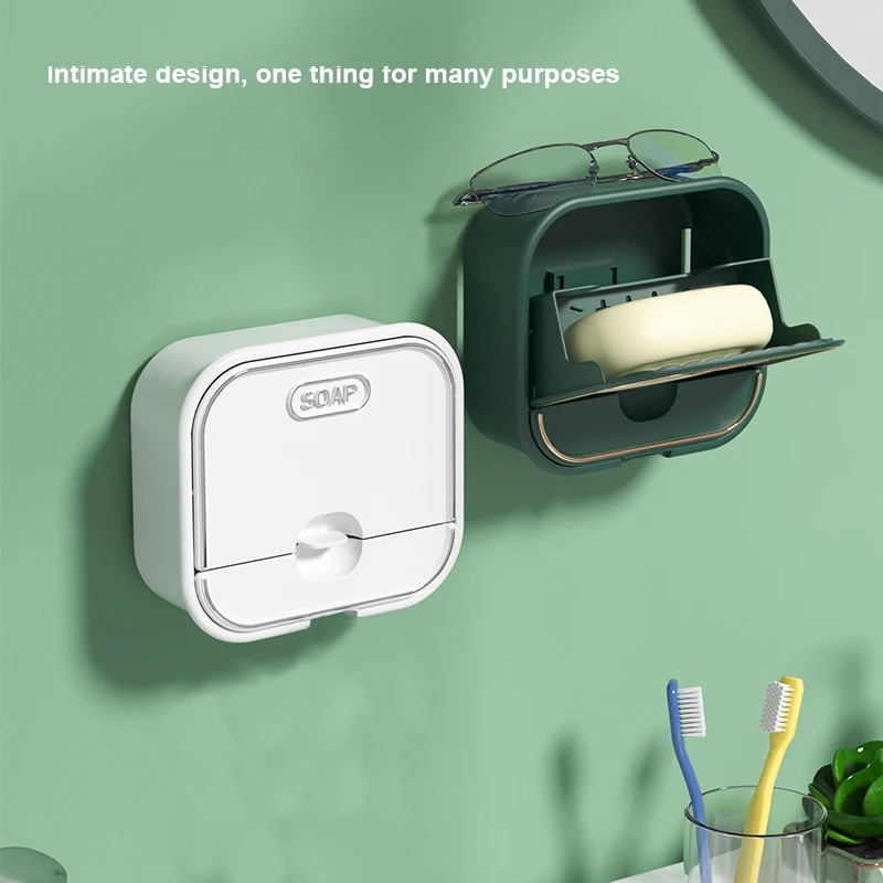 Bathroom Punch-free Drain Soap Dish Wall-mounted With Lid Home Soap Box Laundry Soap Rack Flip-top Soap Box Soap Storage Rack