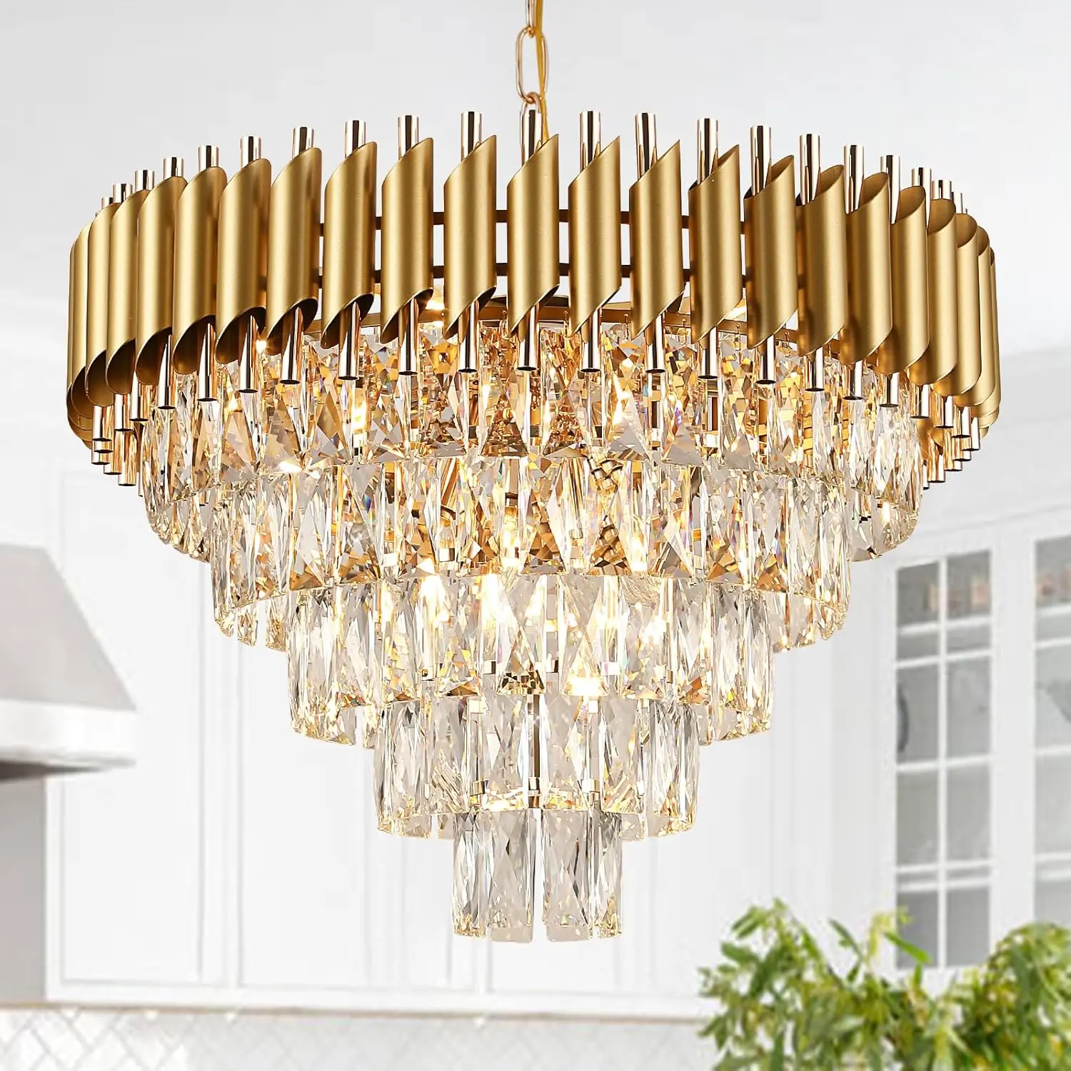 

Modern Crystal Chandelier Gold, 24" Round Chandeliers for Dining Room 5 Tiers Ceiling Pendant Light Fixtures Golden