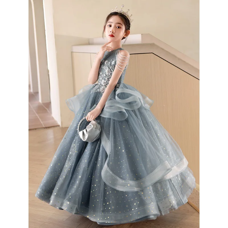 Luxurious blue Flower Sequin bead halter Sleeveless girl Dresses kids dance party dress For Weding Birthday Banquet Long Gown