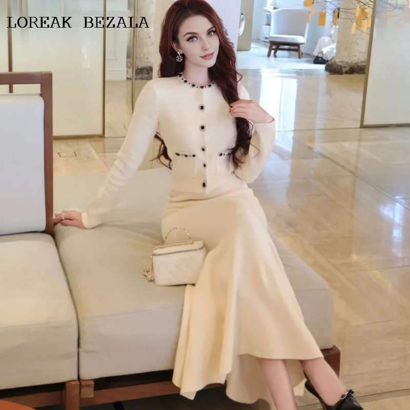 

Ladies' Knitted elastic Skirt Set Fashionable 2025 Spring/Autumn Women's Cardigan Coat Elegant diamond button top+fishtail skirt