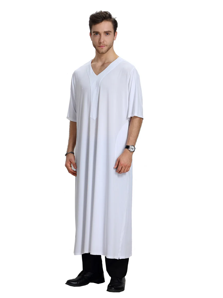 Morocco Mens Solid Color Robes Saudi Style Jubba Thobe Man Vintage Short Sleeve V Neck Muslim Arabic Dubai Islamic Clothing