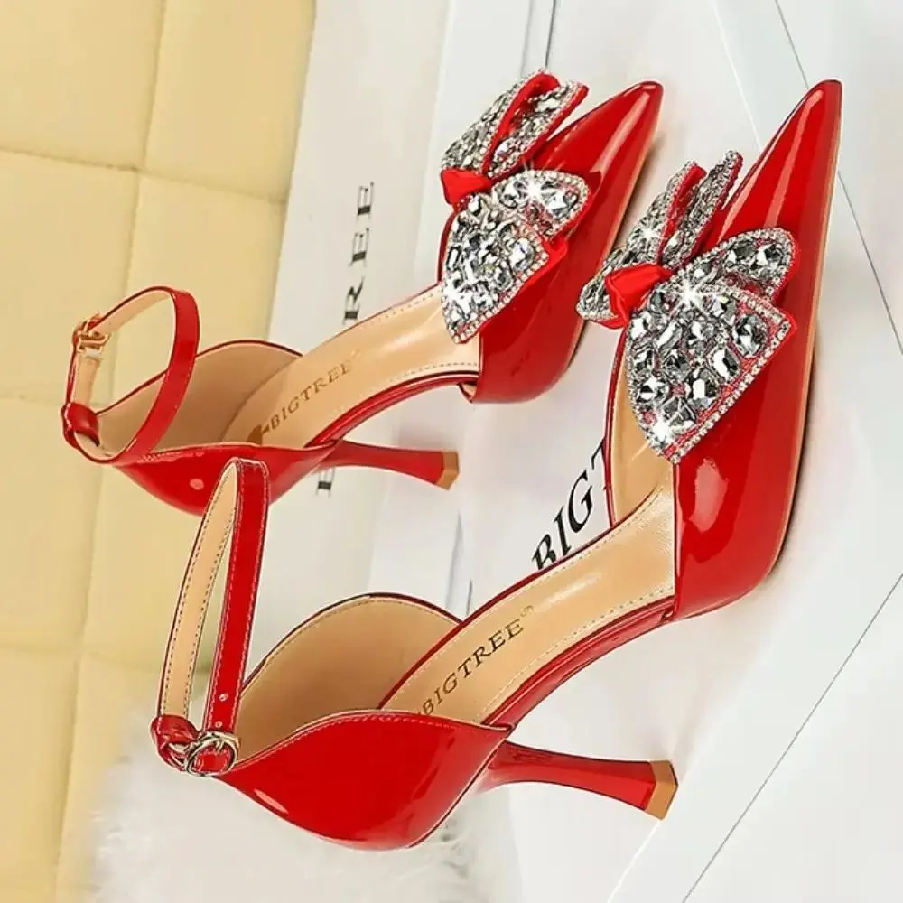 BIGTREE Fashion Concise Wedding Party High Heels Shallow-Cut Pointy Rhinestone Party Woman Pumps Bow One-Line Strap Women Sandal