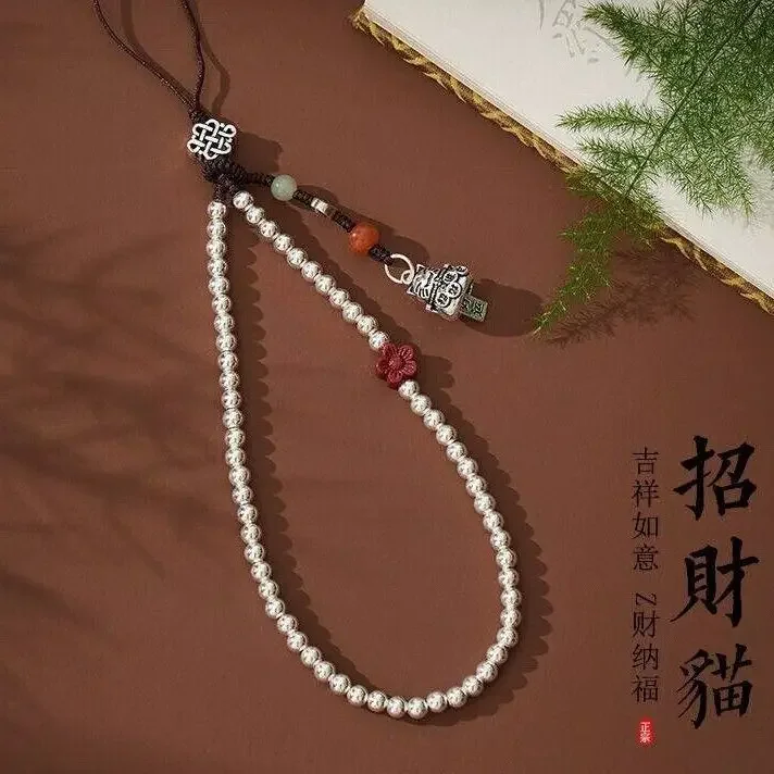 Colgante de cadena de móvil con cuentas redondas, colgante de gato de la suerte, cordón de teléfono móvil corto anticaída, colgante de muñeca, regalos para hombres y mujeres