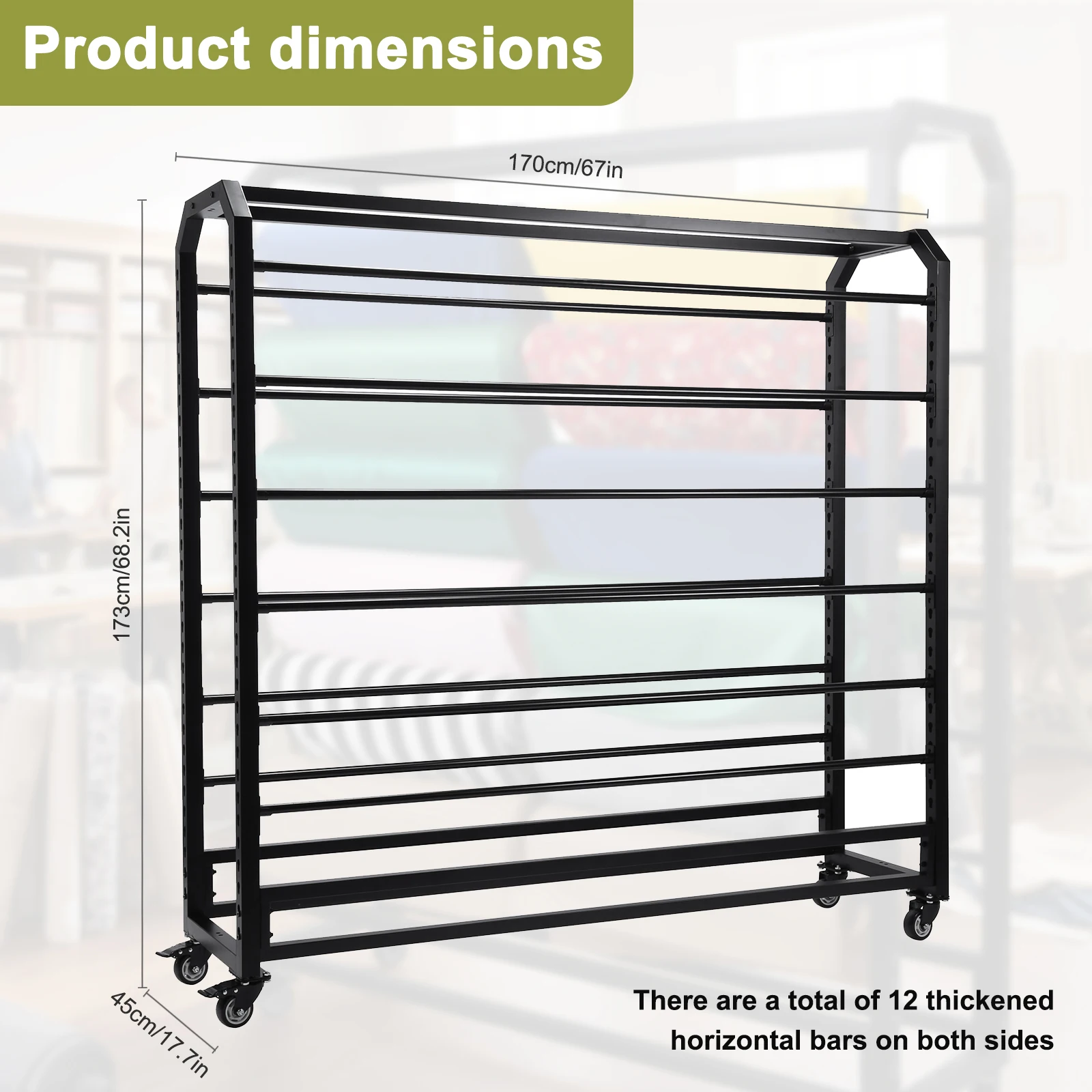 Double Side Commercial Fabric Roll Storage Rack W/12 Adjustable Rod Textile Fabric Display Rack Cart for Craft & Sewing Supplies