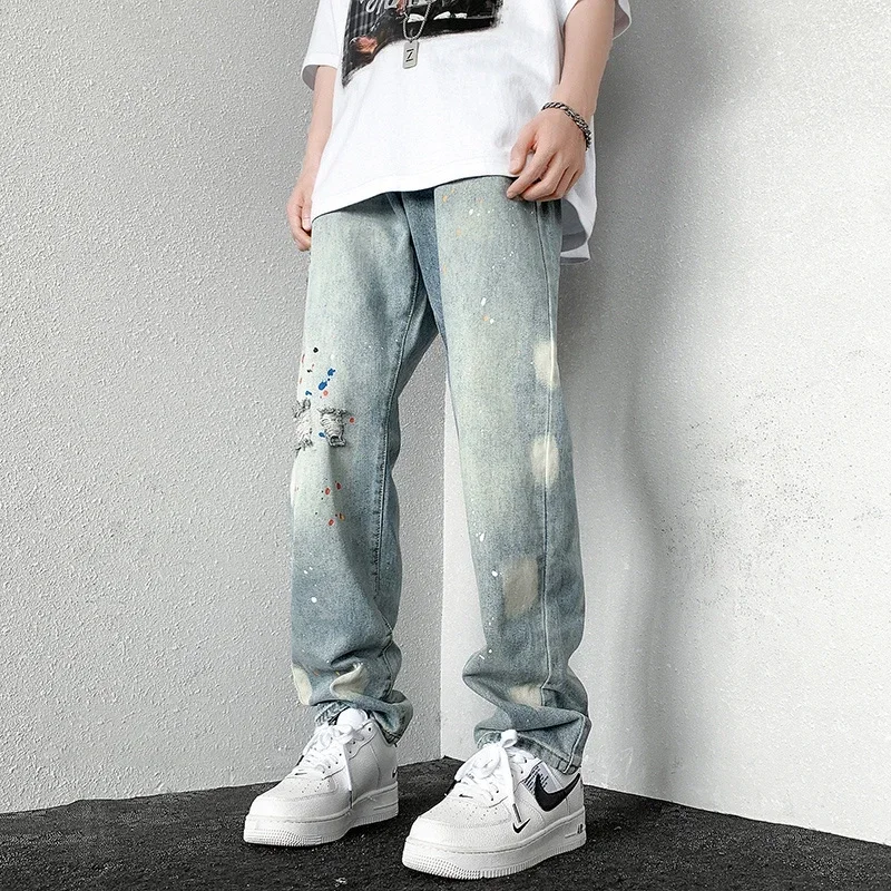 2025 New Splashing ink Ripped Baggy Jeans For Men Hip Hop Fashion Graffiti Holed Straight-leg Denim Trousers Y2k Streetwear Jean